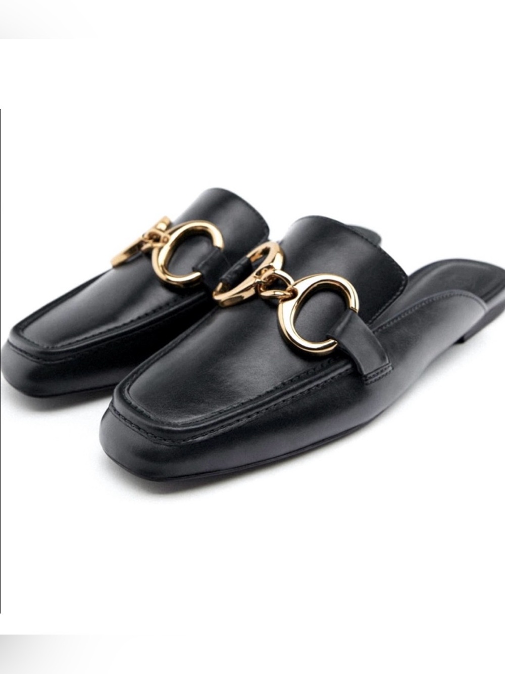 Zara Black Leather Mules with Gold Ring Detail